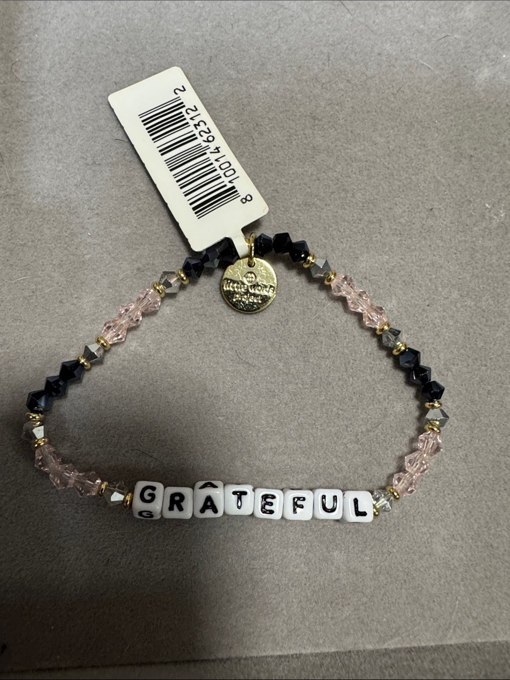 Grateful Beaded Stretch Bracelet — Pink & Black with Gold Accents